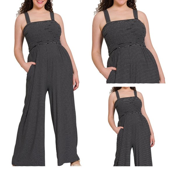 Pants - JUMPSUIT ROMPER WITH SMOCKED TOP STRIPED